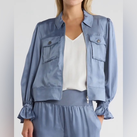 CINQ A SEPT Holly Ruffle Black Satin Zip-Front Utility Jacket Size Medium EUC - Picture 8 of 11